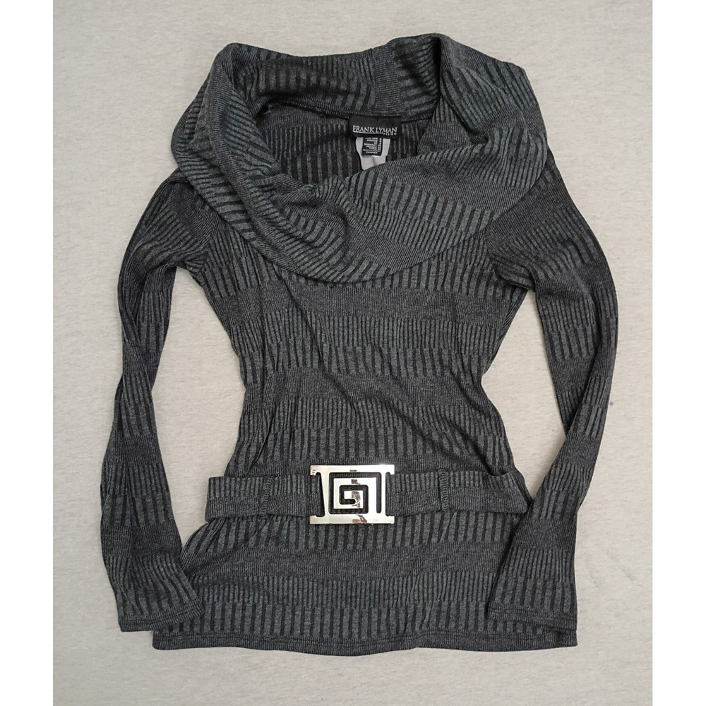 Frank Lyman Grey Cowl Neck Belted Tunic Sweater Greek Key Buckle Size 4 Y2K
